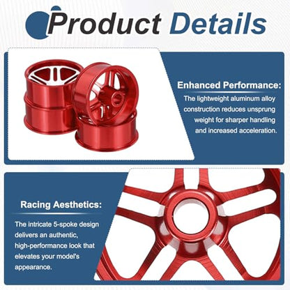 MECCANIXITY 4Pcs RC Car Wheel Rims, 23.5mm Dia 5-Spoke Red Aluminum Alloy Wheel Rims Hex Hub for HSP RC Drift Racing Touring Car - color: Red, size: 23.5mm Dia