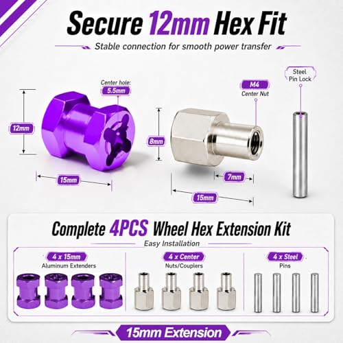 4PCS 12mm Hex Hub 15mm Aluminum Extension Hex for Axial SCX10 D90 90046 | 15mm CNC Wheel Hex Extenders for 1/10 RC Crawlers Redcat Gen7/Gen8 CC01 RC4WD Wider Stance & Tire Clearance with M4 Nuts Pins - color: Purple