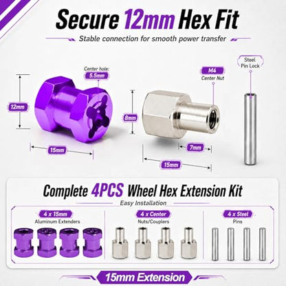 4PCS 12mm Hex Hub 15mm Aluminum Extension Hex for Axial SCX10 D90 90046 | 15mm CNC Wheel Hex Extenders for 1/10 RC Crawlers Redcat Gen7/Gen8 CC01 RC4WD Wider Stance & Tire Clearance with M4 Nuts Pins - color: Purple