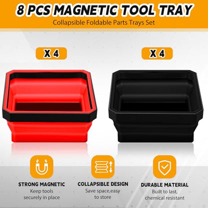 Huwena 8 Pcs Collapsible Magnetic Parts Tray Set Foldable Tool Trays Square Double-sided Magnetic Parts Bowl for Screw Bolts Nuts Washers Pins Mechanic Tool Gifts for Men (Red and Black) - color: Red and Black