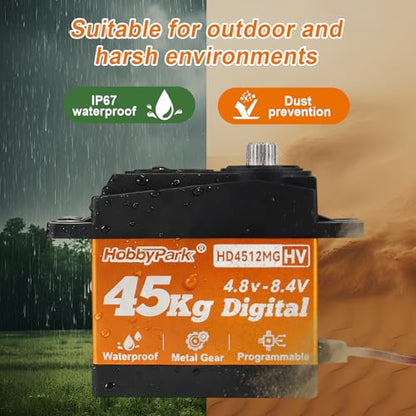HobbyPark Waterproof High Torque RC Steering Servo 45kg Standard Size HV All Metal Gears 4.8-8.4V for RC Crawler Car Truck Buggy Control Angle 180° Robotic Programmable