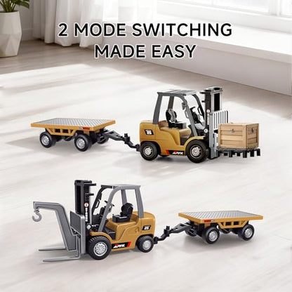 1/64 Full Proportional RC Forklift Toy,8 Channel 2 Mode Mini Remote Control Forklift Truck with Flatbed Tow Truck,2 in 1 Transformable Lift Fork & Hook with Rechargeable Battery for 4+ Kids - style: Full Proportion Forklift