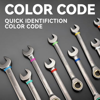 GRENPRO 23PCS Ratcheting Wrench Set SAE Metric Combination Mechanic Tools | 1/4"-3/4"&6-18MM Bolt Gauge, Gray Nickel CR-V 72-Tooth 5-Degree Swing 12Pt Color Rings, Roll Pouch for Auto & Home Repair - style: 23PCS Ratcheting Wrench Set Metric&SAE With Colo