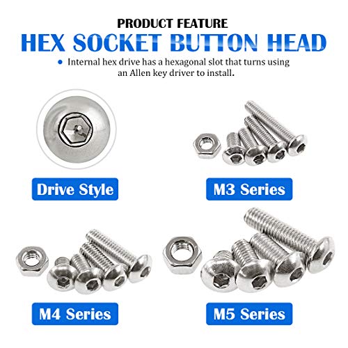 Glarks 510Pcs M3 M4 M5 304 Stainless Steel Allen Hex Drive Button Head Socket Cap Bolts Screws Assortment Kit - size: Hex Button Head Cap Screws Set
