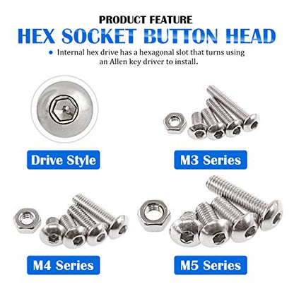 Glarks 510Pcs M3 M4 M5 304 Stainless Steel Allen Hex Drive Button Head Socket Cap Bolts Screws Assortment Kit - size: Hex Button Head Cap Screws Set