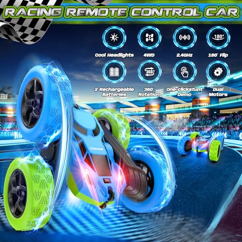 cosone Blue Green RC Car for Kids | Rechargeable Remote Control, 360° Rotation Stunt Car, Double-Sided Driving, LED Lights, 2.4GHz Off Road - color: Blue&green Pro