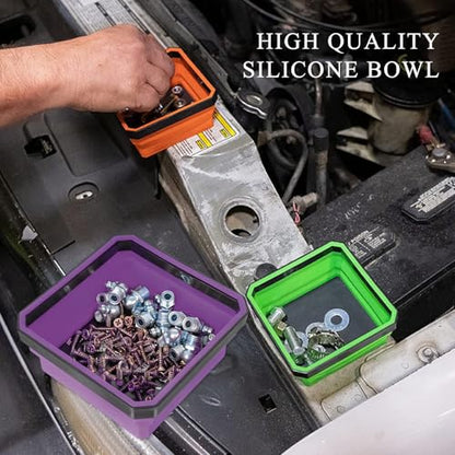 Collapsible Magnetic Parts Tray, 4.5" Square Silicone Tool Tray with Dual-Sided Magnetic Base, Foldable Small Metal Parts Organizer Storage Bowl for Screws Bolts Nuts Washers (Purple) - color: Purple