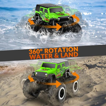 STEMTRON Amphibious RC Car 1:16 4WD Waterproof Monster Truck | 2.4GHz All Terrain Off-Road Remote Control Car, 360° Spin, Double-Sided Water Driving, Pool & Beach Toy Gift for Kids - color: Green Suv, size: 1:16 Scale