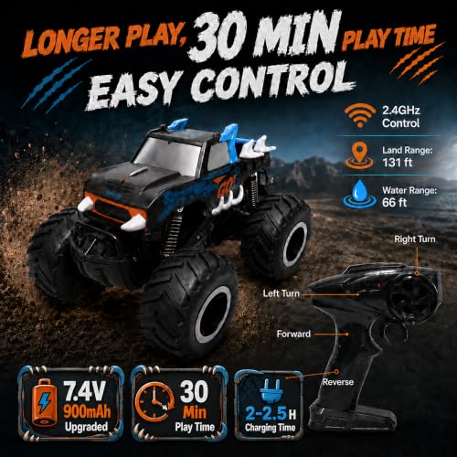 JoyRapt 1:16 Amphibious Monster Truck Toys, All Terrain RC Cars for Kids | 2.4GHz 4WD Off-road waterproof RC cars 360 Degree Spins, with 8 DIY challenge cards, Gifts for Boys Girls Ages 6-12