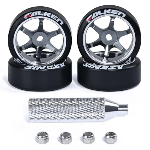 4Pcs 22mm 1/28 Rc Car Drift Wheel Hub with Rc Car Drift Tires for 1/28 MINI-Q HGD1 DRZ Wltoys K969 RC Drift Car Upgrade Parts (Logo-Titanium)