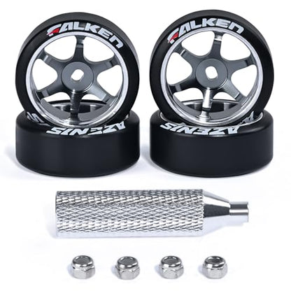 4Pcs 22mm 1/28 Rc Car Drift Wheel Hub with Rc Car Drift Tires for 1/28 MINI-Q HGD1 DRZ Wltoys K969 RC Drift Car Upgrade Parts (Logo-Titanium)