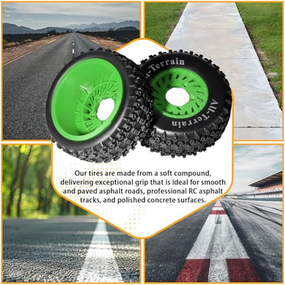 1/10 RC Short Course Truck Wheel Tires Set- 12mm/17mm Hex, Green | All-Terrain Tires and Nylon Wheels Compatible with 1/10 Traxxas Slash 4WD 2WD Arrma Senton Axial Losi Redcat RC Buggy, 4-Pack - color: Green