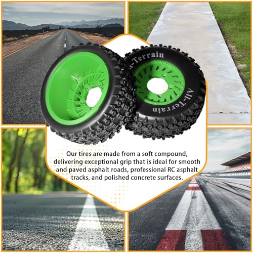 1/10 RC Short Course Truck Wheel Tires Set- 12mm/17mm Hex, Green | All-Terrain Tires and Nylon Wheels Compatible with 1/10 Traxxas Slash 4WD 2WD Arrma Senton Axial Losi Redcat RC Buggy, 4-Pack - color: Green