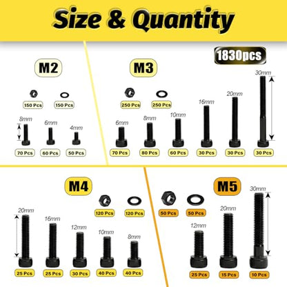 Kadrick M2 M3 M4 M5 Metric Screws Kit 1830PCS, Optimized Assortment with More Screws & Fewer Washers, Class 12.9 Socket Head Cap Screws, Black Zinc Plated Metric Bolt Assortment for 3D Printing & DIY - size: M2-M5 1830Pcs New