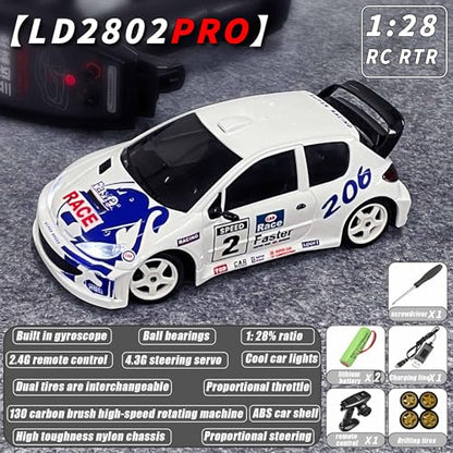 LDRC 2802PRO 1/28 Mini RC Drift Car GTR 2.4GHz 4WD RTR with Gyro and 4PCS Drift Tires Racing Radio Control Cars (White) - color: 2802-white