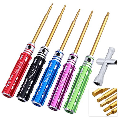 5Pcs Mini 0.9mm 1.27mm 1.3mm 1.5mm 2.0mm Hex Screw Driver Set Titanium Hexagon Screwdriver & 4-way Wrench Tool Kit for Axial SCX24 1/18 1/24 1/28 RC Crawler Truck