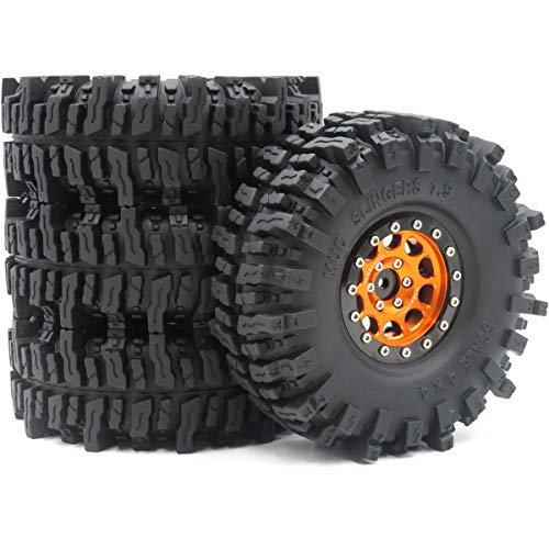 RC Soft Sticky 1.9 Mud Slingers Tires 120mm & 1.9 Beadlock Wheels Orange Black Rims, 1.9 Crawler Tires and Wheels for 1/10 rc Crawler Traxxas TRX4 Axial SCX10 Gen8, (4-Pack) - color: Orange & Black