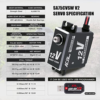 AGFRC SA75CVSW V2 45KG 12V Waterproof Servo for 1/8 RC Cars | 0.090Sec/60° @12V, Programmable, Coreless motor, Full Metal Gear, 180°, Fits 1/10 & 1/8 RC Cars/Trucks/Crawlers