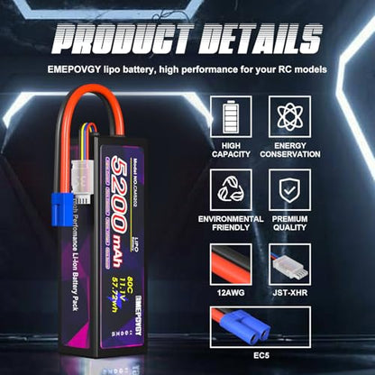 11.1V Lipo Battery 3S 5200mAh 80C Lipos Hard Case with EC5 Connector for RC Car Trucks 1/8 1/10 RC Vehicles - color: EC5