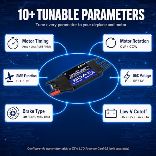 ZTW Beatles G2 60A ESC 2-6S Built-in Switching BEC 5V/6V 8A Brushless Speed Control for RC Airplane Aircraft Fixed-Wing - size: 60A