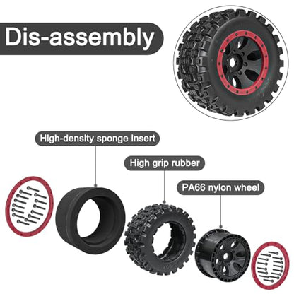 LRFHL 1/5 RC Monster Truck Tires 4PCS, Red | 24mm Hex Wheels MX43 RC Tires for Traxxas 1/5 X-MAXX 8S Arrma 1/5 Kraton 8S 1/5 Outcast 8S - color: Red