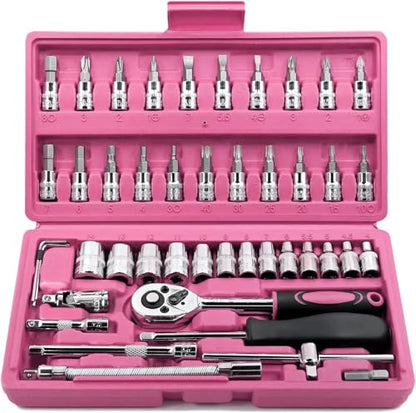 Egofine 46 Pieces 1/4 inch Drive Socket Ratchet Wrench Set, with Bit Socket Set Metric and Extension Bar for Auto Repairing and Household, with Pink Storage Case - style: 1/4" 46 PCS-Pink