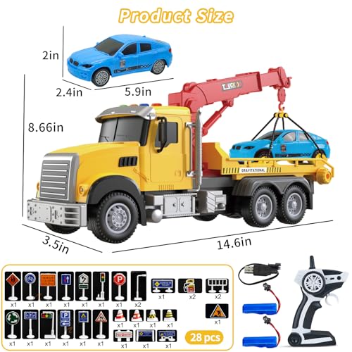 2.4GHz Remote Control Tow Truck for Kids – RC Log Truck with Racing Car, 4 Channel RC Transport Crane Vehicle Toy with Lights & Sounds, 28PCS Traffic Signs, 2 Batteries – Birthday Gift for Boys Girls