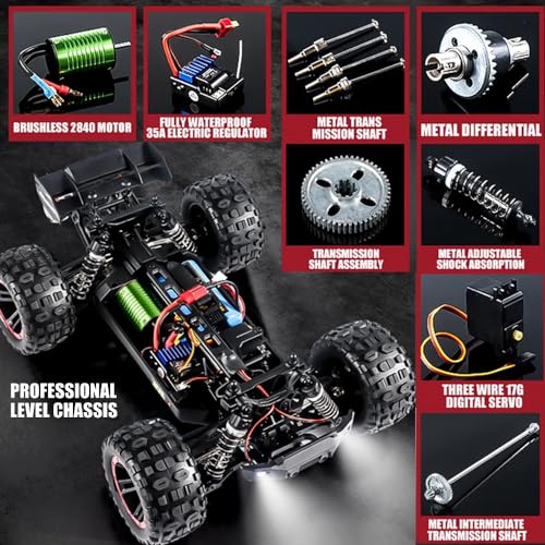 GoolRC 2105A Brushless RC Cars, 1:14 Scale Remote Control Car, 4WD 75KM/H High Speed RC Truck, All Terrains Off-Road Monster Trucks, 2.4GHz Electric Vehicle for Adults (Green) - color: Green, size: 1 Battery