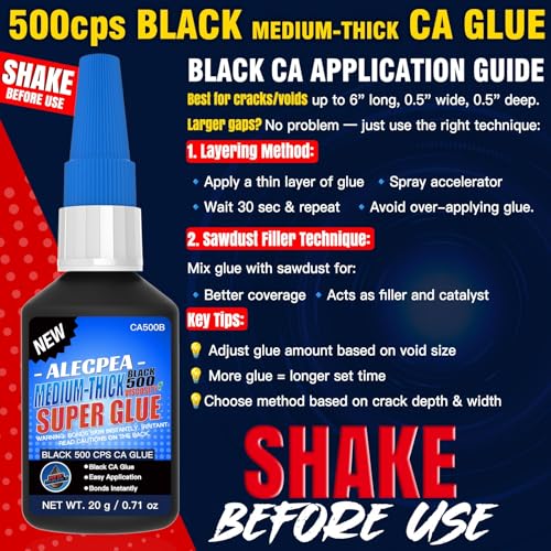 20g Black CA Glue, Medium 500CPS Cyanoacrylate Super Glue | Medium-viscosity cyanoacrylate fills 0.008-inch gaps; bonds wood, metal, leather, ceramic, plastic, rubber; sets in 40-60s
