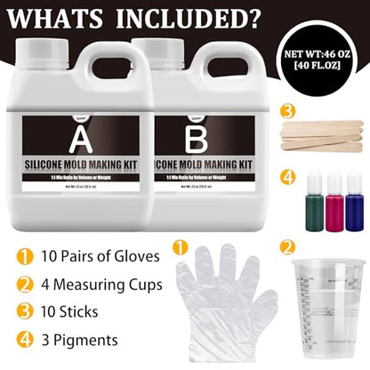 Silicone Mold Making Kit, 46oz/1.2L Liquid Silicone Rubber 15A for Casting | Translucent 1:1 silicone rubber kit includes 3 color pigments for making resin, candle, soap and craft molds with easy mixing - color: Translucent, 46oz