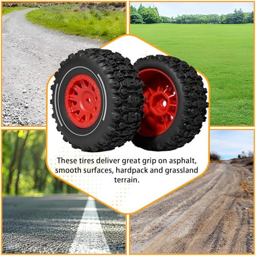 Pre-glued 64mm Wheels &Tires with 12mm Hex for 1/14 Truck, Red | Rubber Tire and Nylon Rim for ARRMA Mojave GROM, HPI, Traxxas Slash, Tamiya, Toyota, WLtoy 1/14 1/16 1/18 RC On/Off-Road Car - color: Red