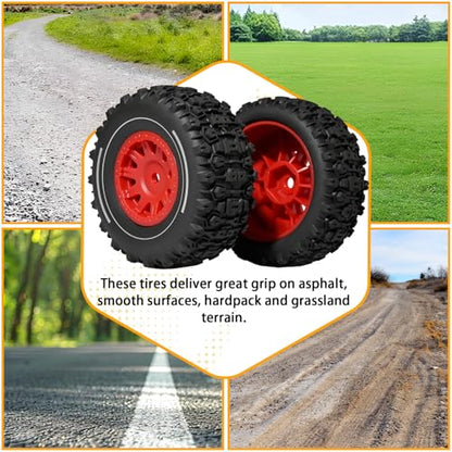 Pre-glued 64mm Wheels &Tires with 12mm Hex for 1/14 Truck, Red | Rubber Tire and Nylon Rim for ARRMA Mojave GROM, HPI, Traxxas Slash, Tamiya, Toyota, WLtoy 1/14 1/16 1/18 RC On/Off-Road Car - color: Red