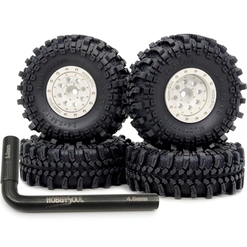 Brass 1.0 Beadlock Wheels and Tires 61mm Tall, Adjustable Offset 1'' Rims Tyre for RC Mud Crawler 1/18 TRX4M 1/24 SCX24 Upgrades, HS701455 - color: White