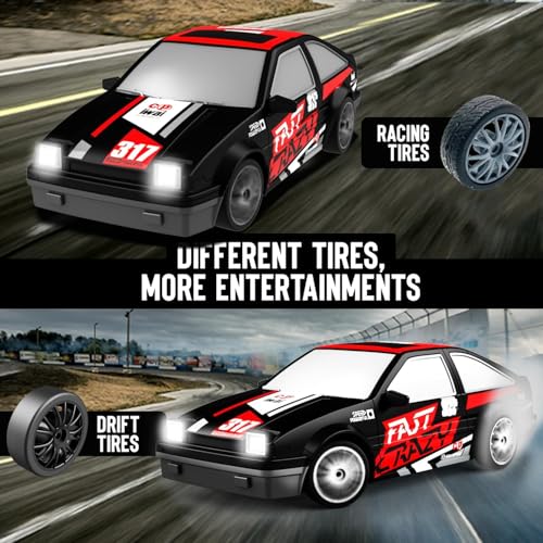 RACENT 1:24 Mini RC Drift Car, 10MPH 4WD Remote Control Car with LED Light, Racing and Drifting Wheels, 2 Rechargeable Batteries, Perfect Toy for Boys, Girls, Kids (Black) - color: Black, size: 1:24 Scale
