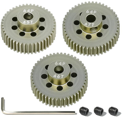 64P Pinion Gear 3.175mm Shaft 7075 Aluminum Alloy Motor Gears,0.6 Metric Pitch 45 46 47T with 1/8 Hole Pinion Gear Compatible with 1/10 Arrma HPI Kyosho Losi Axial Traxxas Tamiya RC Car - size: 45 46 47T