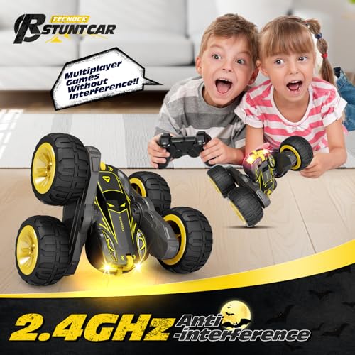 Tecnock Remote Control Car for Kids, 2.4GHz RC Cars with USB-C Easy Charging, 4WD Double Sided 360° Rotates and Flips RC Stunt Car, Toys Gift for Boys and Girls Ages 6-8, 8-12 - color: Yellow