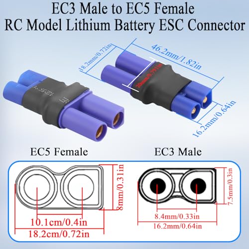QIANRENON EC3 to EC5 RC Battery ESC Adapter 25A EC3 Male to EC5 Female Lithium Battery Connector Gold Plated EC3 Plug to EC5 Socket Converter, for Model Airplane Lipo Battery Drone, 2Pcs
