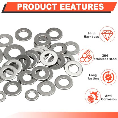 600 PCS Flat Washers for Screws and Bolts, 304 Stainless Steel Flat Washers Assortment Kit, 7 Sizes (M3 M4 M5 M6 M8 M10 M12) for Industrial and Home Use