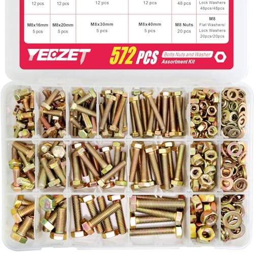 572pcs Grade 8.8 Bolts and Nuts Kit,M5 M6 M8 Metric Heavy Duty Bolt Assortment Set,13 Sizes,10-40mm,Yellow Zinc Plating - color: 572pcs M5 M6 M8 Bolts and Nuts Kit