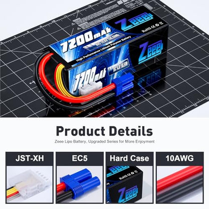 Zeee 4S Lipo Battery 7200mAh 14.8V 80C with EC5 Connector (2 Pack) | Hard Case RC Battery for RC Car Truck Tank Buggy Truggy RC Racing Models