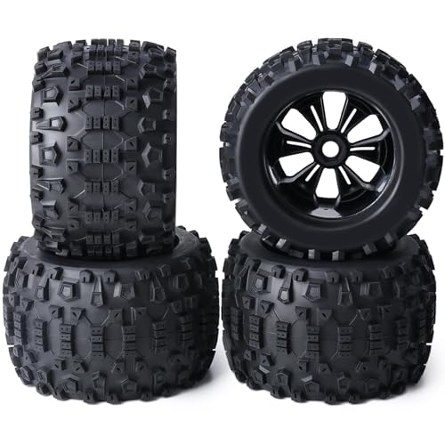 Pre-Glued Huge 17mm Hex 3.8“ RC Truck Wheels Tires 1/8 RC Monster Truck Tyres Fits 1/8 Summit ERveo 1/8 Arrma 6S Kraton Outcast Notorious 1/7 6S Big Rock Redcat HPI 1/8 Savage JLB Cheetah - style: Rock Tread