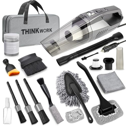THINKWORK Car Cleaning Kit, Car Vacuum Kit, Gray Car Interior Detailing Kit with 8000PA High Power Vacuum, Including 7Pcs Detailing Brush Set and Bag - color: Gray