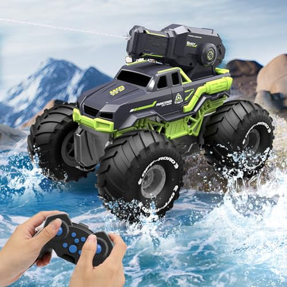 3-in-1 Amphibious Remote Control Car RC Boat with Water Gun, Waterproof RC Monster Truck for Kids 4-7 8-12, 4WD All-Terrain Remote Control Boat for Boy Birthday Gift, Summer Pool Water Toy