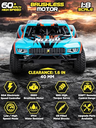 1/8 Scale Brushless RC Cars for Adults，Max 40mph Electric Off-Road Monster Truck,Waterproof High Speed RC Car 4WD Remote Control Car with 3S Lipo 30+ Min Play, All Terrain