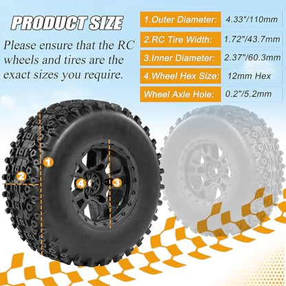 12mm Hex RC Wheels and Tires for Traxxas Slash 4x4 2WD Arrma Senton Tires and Wheels Preglued 1/10 RC Short Course Truck Tires and Wheels with Foam Inserts 4PCS for Redcat HPI HSP Tires