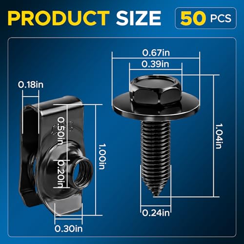 50PCS 1/4 Body Bolts & U-Nut Clips Kit for Fender Bumper Engine Cover Splash Shield Fastener Retainer Clips, Automotive Universal Screws Black(25 Sets)