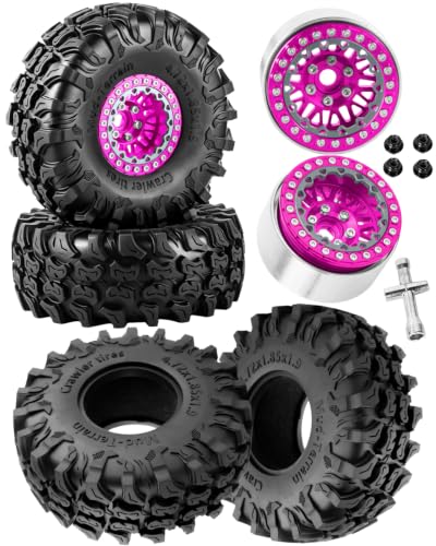 1.9 Inch Beadlock Aluminum Wheels and Tires, 4PCS RC Crawler Wheel Tire Set Compatible with 1/10 Scale SCX10 90046 AX103007 SCX10 II III TRX4 TRX6 Gen7 Gen8 D90 VS4-10 MST CFX,Pink - color: Pink(4pcs)