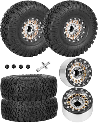 1.9 Beadlock Tire Set 1.9" Wheels and Tires for 1/10 RC Crawler SCX10 90046 AX103007 TRX4 TRX6 Gen7 8 D90 VS4-10 MST CFX,Super Heavy Brass & Aluminum Deep Wheel w/Rubber Tires,Silver - color: Silver(4pcs)