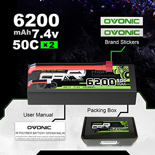 OVONIC 2S Lipo Battery 50C 6200mAh 7.4V Lipo Battery with Dean-Style T Connector for RC Car Truck Boat Vehicles (2 Packs)