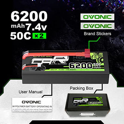 OVONIC 2S Lipo Battery 50C 6200mAh 7.4V Lipo Battery with Dean-Style T Connector for RC Car Truck Boat Vehicles (2 Packs)